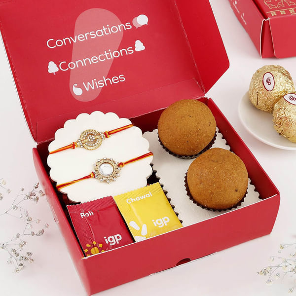 Elegant Kundan Rakhi Set Of 2 With Besan Laddoos