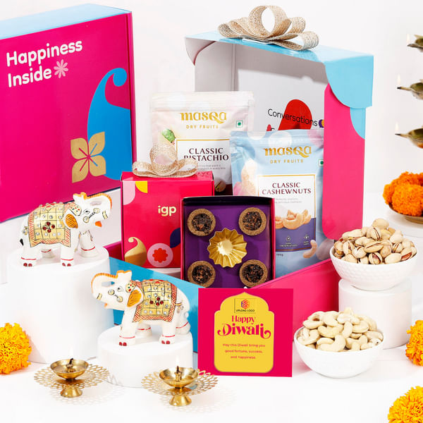 Elegant Meenakari Marble Elephants Diwali Hamper