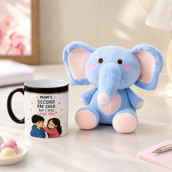 Elephant Soft Toy and Magic Mug Gift for Rakhi