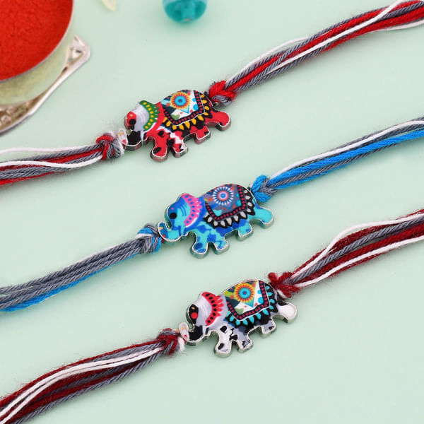 Elephants Decorative Enamel Rakhi (Set of 3)