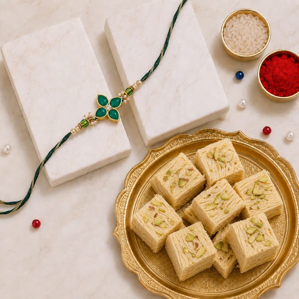 Emerald Clover Stone Rakhi with Soan Papdi