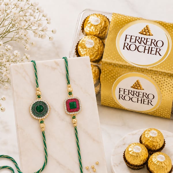 Emerald Elegance Semi-Precious Rakhi with Sweets