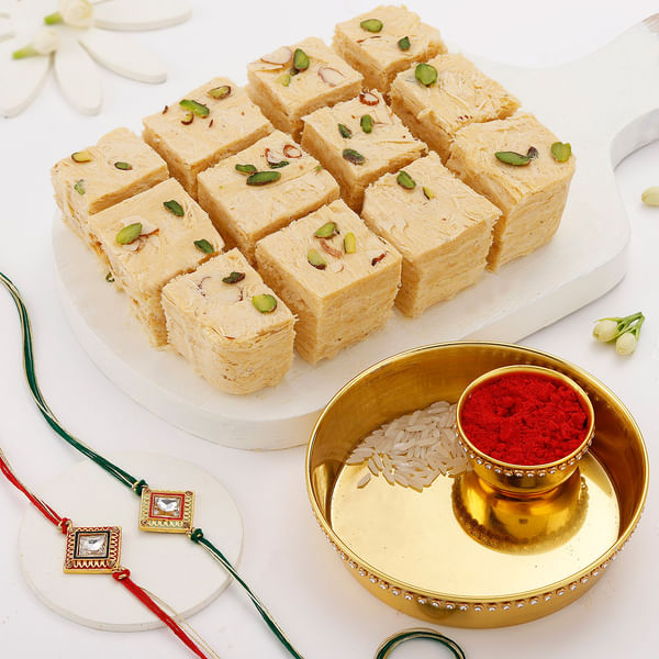 Enchanting Kundan Rakhi Set Of 2 With Soan Papdi