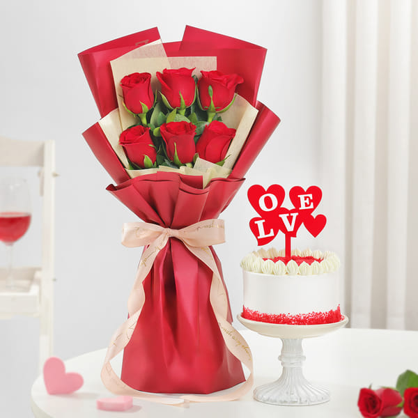 Eternal Romance 6 Red Roses & Red Velvet Cake Valentine Gift Combo