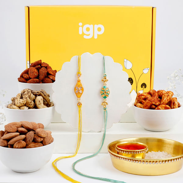 Exquisite Meena Rakhi Set Of 2 With Dry Fruits
