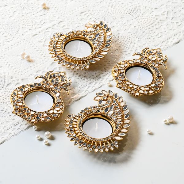 Exquisite Mirror Embellished Kalash And Mayur Pankhi Diyas - Set Of 4