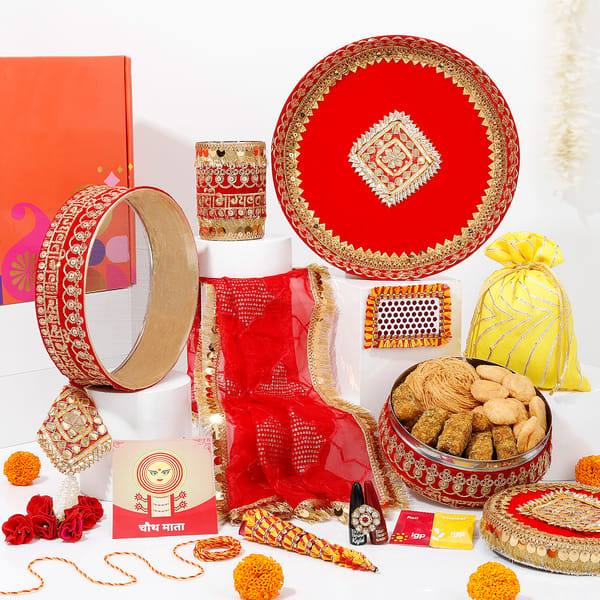 Extravagant Red Karwa Chauth Thali Set