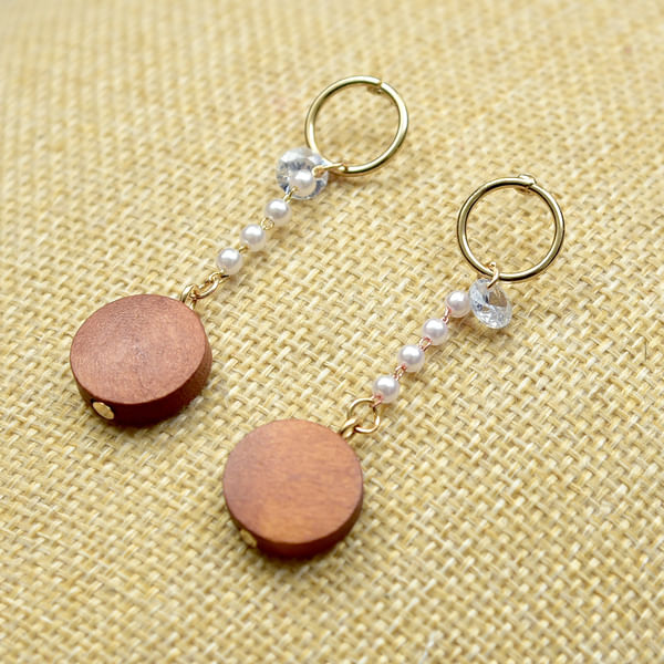 Fancy Wood, Pearl and Crystal Earrings