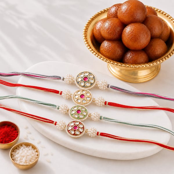 Festive Pearl Meena Rakhi Set with Gulab Jamun