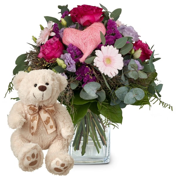 Fleurop Flower bouquet 'Sweet Bloom' with teddy bear 'Bianca