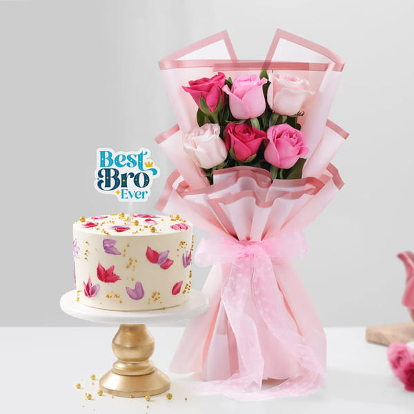 Floral Bliss Cake With Elegant Roses Bouquet For Brother