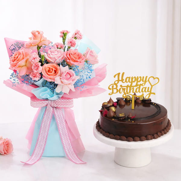 Floral Blooms and Chocolate Noir Gateau Cake Birthday Combo