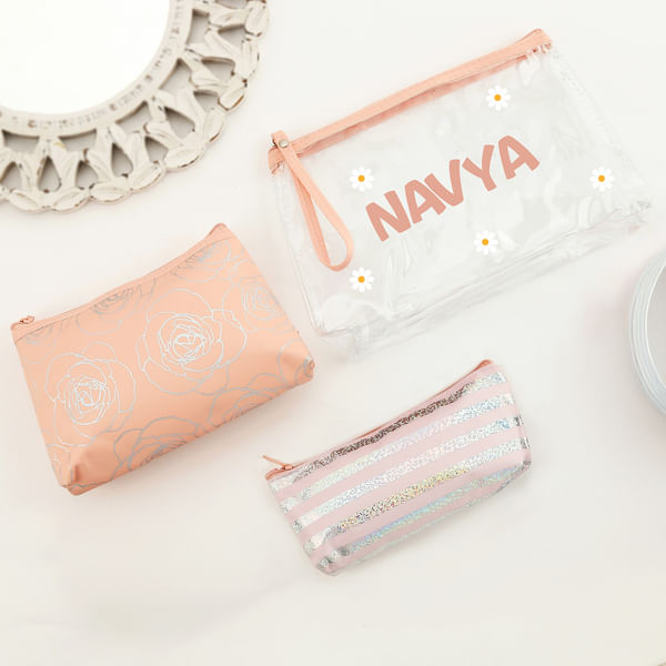 Floral Charm Personalized Cosmetic Pouch - Set Of 3