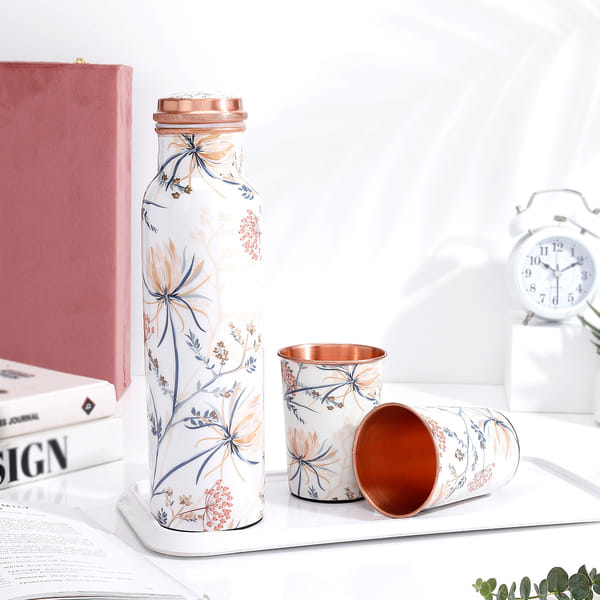 Floral Copper Bottle And Glass Set