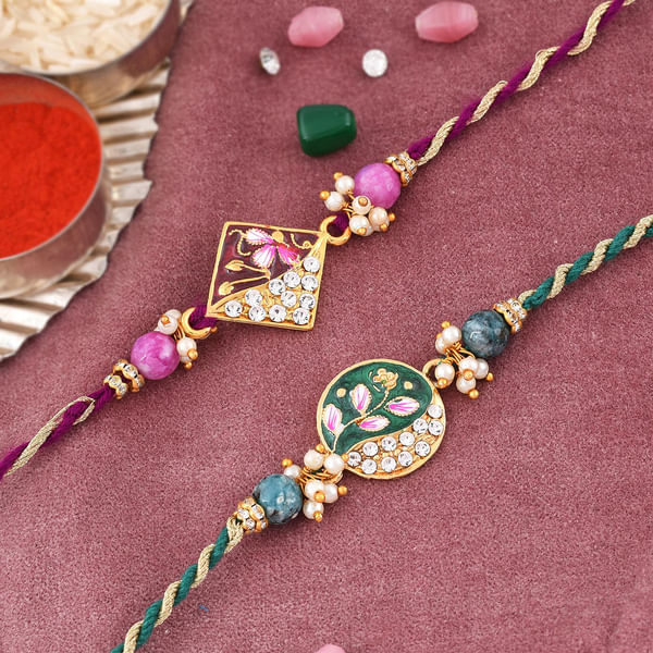 Floral Meena And Pearl Rakhi (Set of 2)