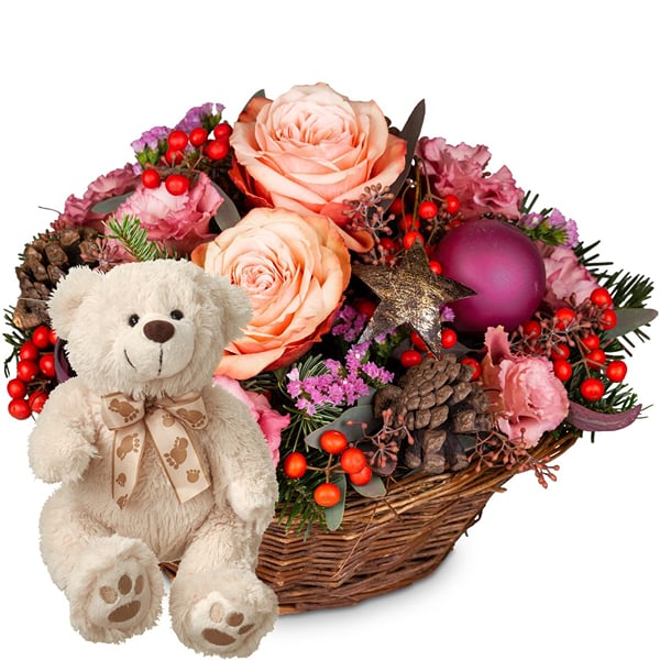 Flower arrangement 'Froehliche Weihnachtszeit' with teddy be
