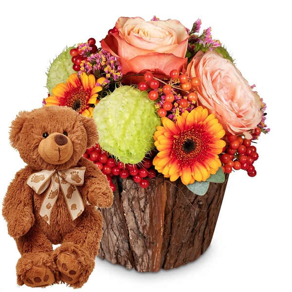 Flower arrangement 'Happy Surprise' with teddy bear 'Bruno'