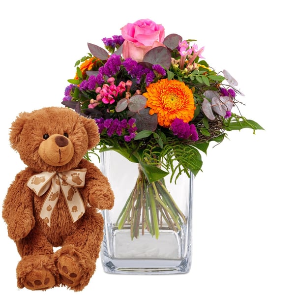 Flower bouquet 'Blossom Beauty' with teddy bear 'Bruno'