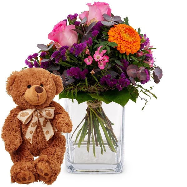 Flower bouquet 'Blossom Beauty' with teddy bear 'Bruno'