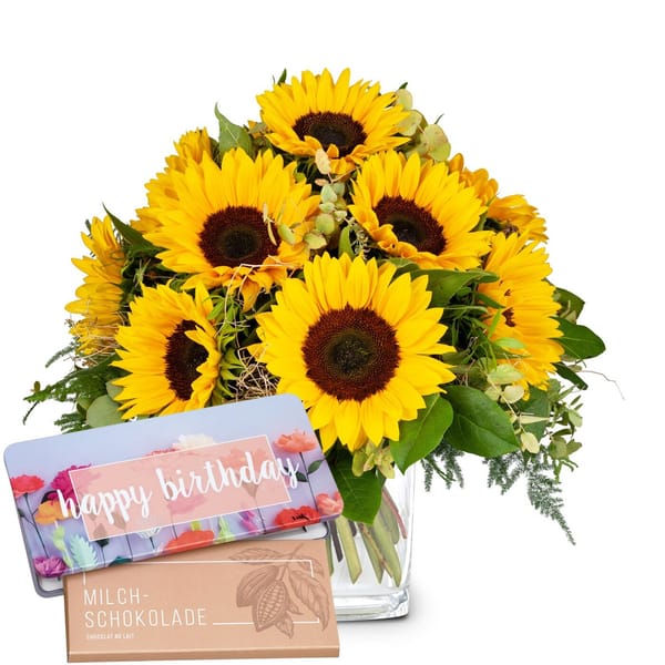 Flower bouquet 'Sunflowers Pure' with Munz bar of chocolate
