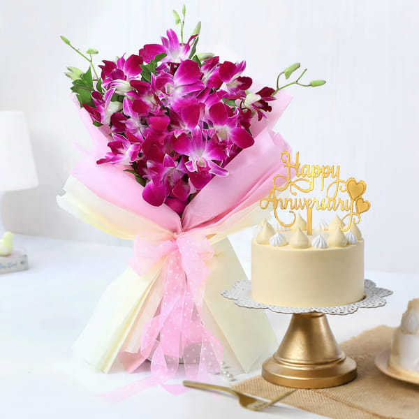 Fresh Orchids & Pineapple Cake Anniversary Combo