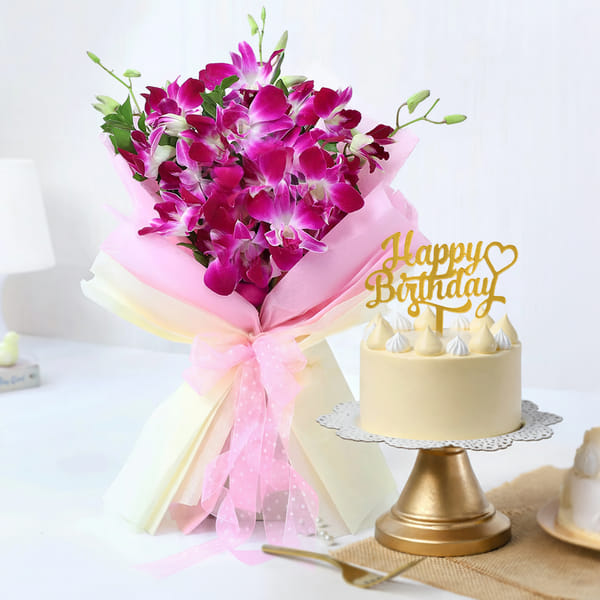 Fresh Orchids & Pineapple Cake Birthday Combo