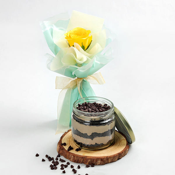 Friendship Combo - Choco Chip Jar Cake & Yellow Rose