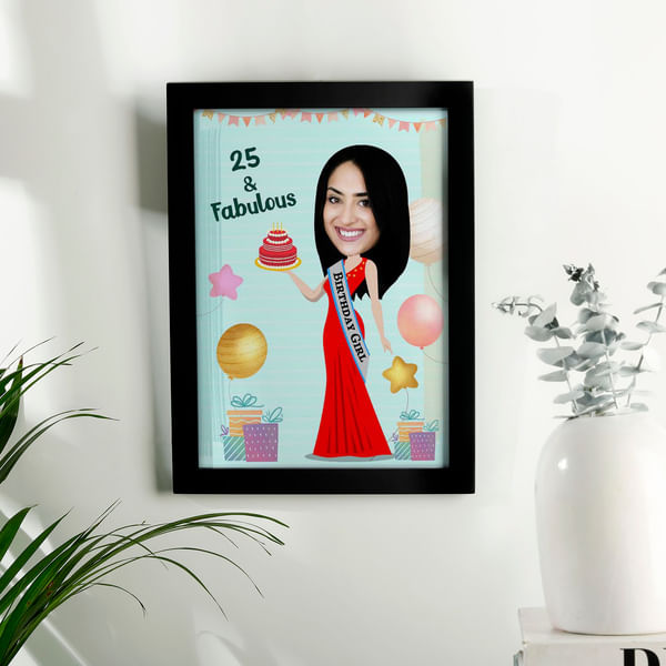 Fun Personalized Caricature in Birthday Photo Frame Style for Women