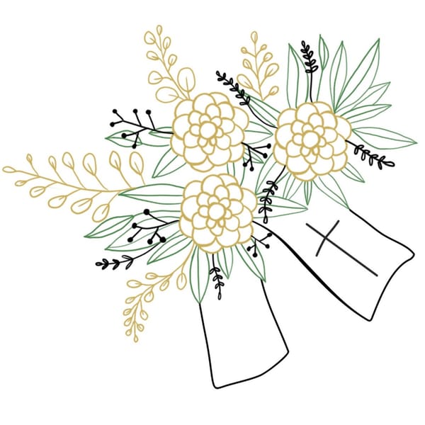 Funeral spray and arrangement with ribbon