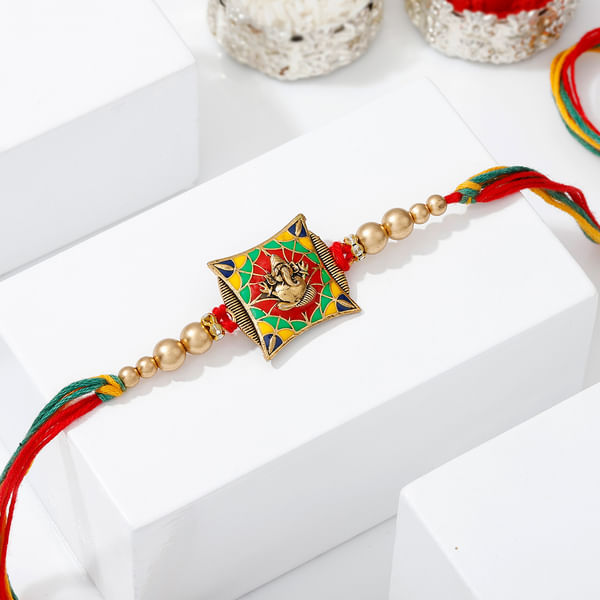 Ganesha Rakhi with Meena Work & Golden beads