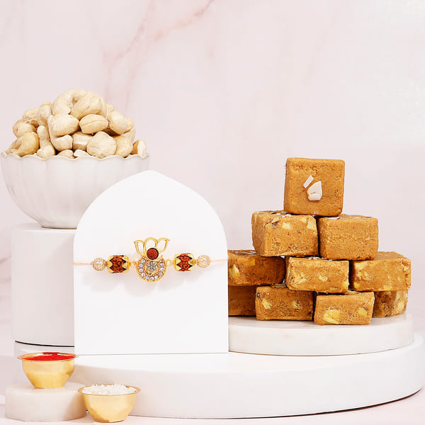 Ganesha Rudraksha Rakhi Set with Besan Barfi
