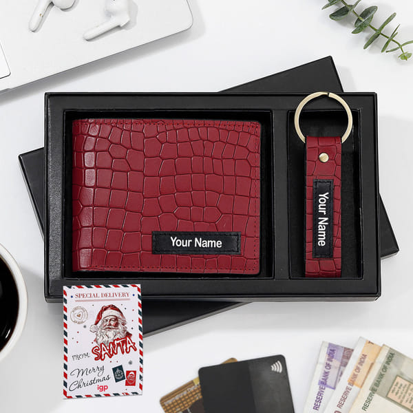 Genuine Leather Personalized Red Wallet And Keychain Combo For Secret Santa
