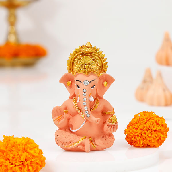 Gleaming Gold-Finish Crown Ganesha Idol