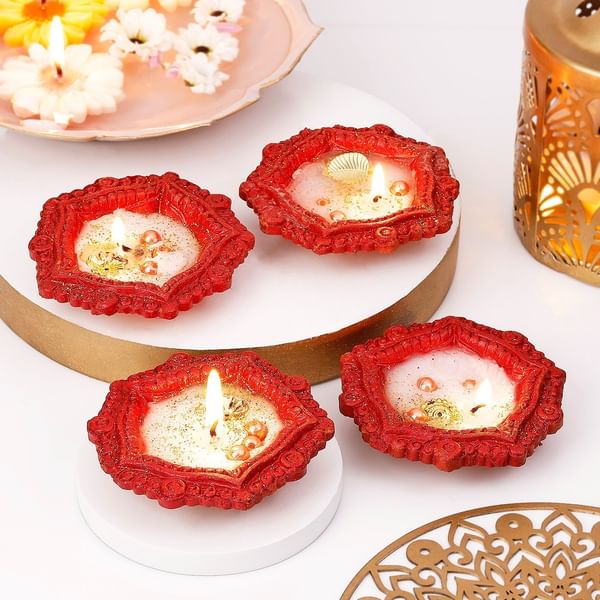 Glowing Red Clay Diwali Diya - Set Of 4