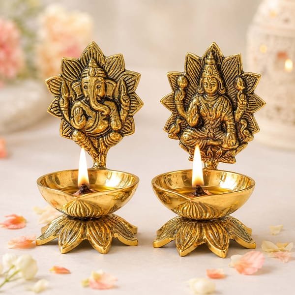 Gold Finish Lakshmi Ganesh Diya Set