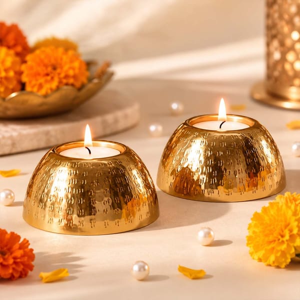 Gold Hammered Metal Tealight Holder Set