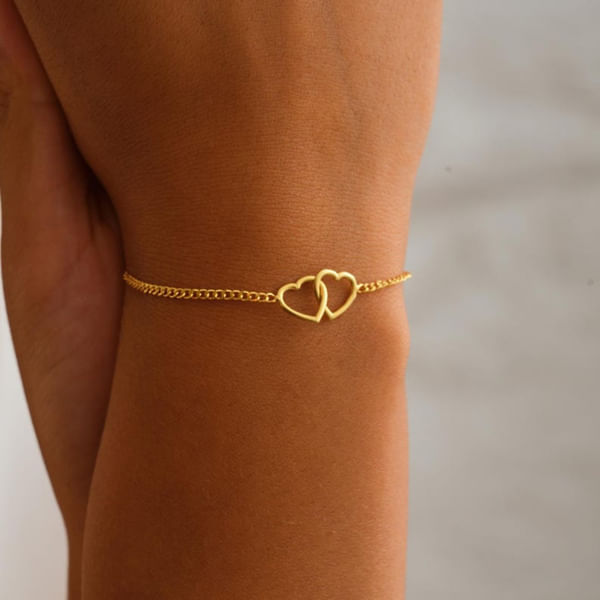 Gold Interlocking Double Heart Bracelet For Women