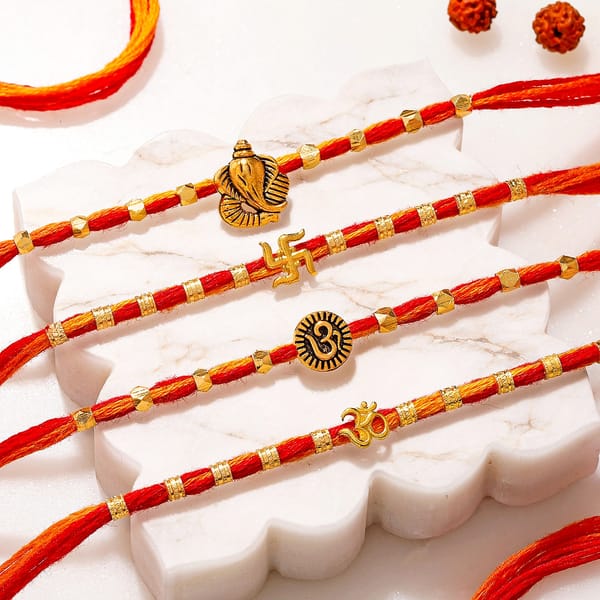 Gold Toned Swastika, Om & Ganesha Rakhi Set of 4