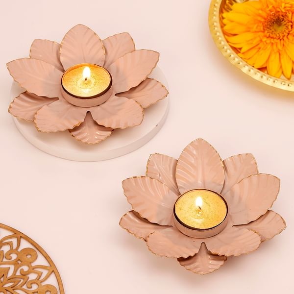 Golden Bloom Diwali Metal Diyas - Set Of 2