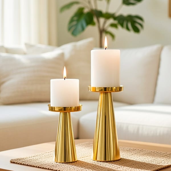 Golden Metal Pillar Candle Holder - Set of 2