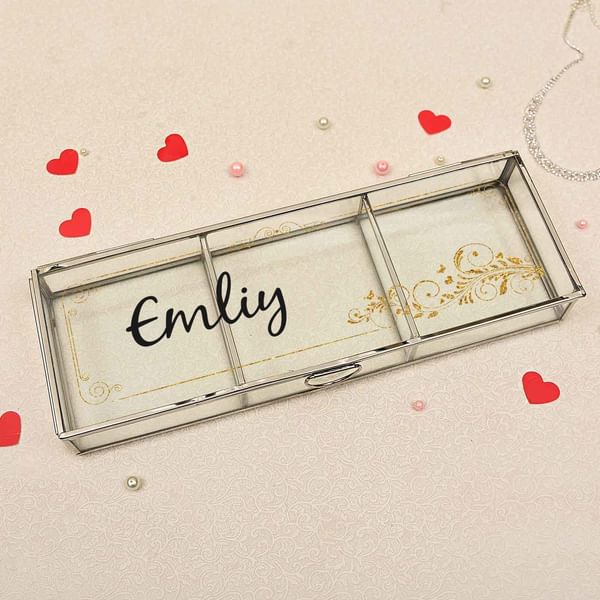 Golden Motif Personalized Glass Jewelry Box