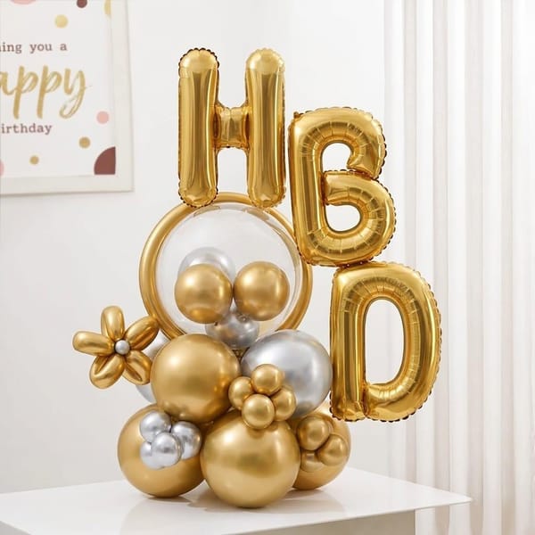 Golden Silver HBD Balloon Arrangement