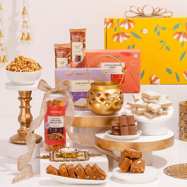 Gourmet Diwali Hamper Metal Lamp And Sweets