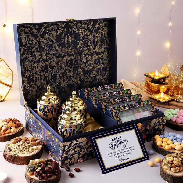 Gourmet Snacks And Treats With Personalized Birthday Card