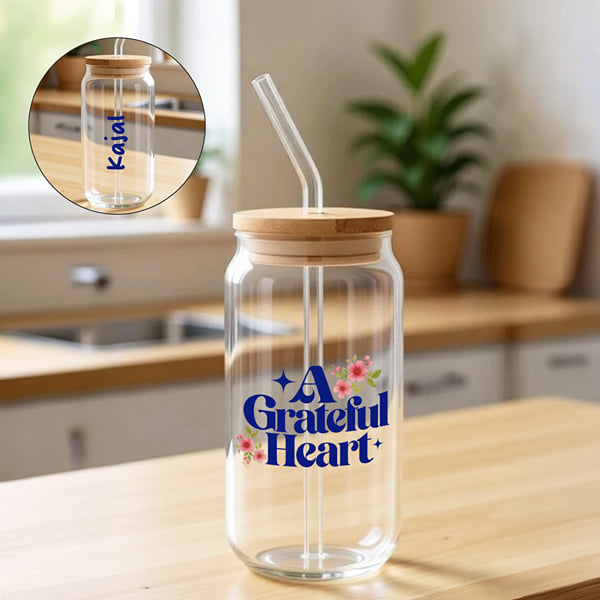 Greatful Heart Personalized Wooden Lid Glass Tumbler