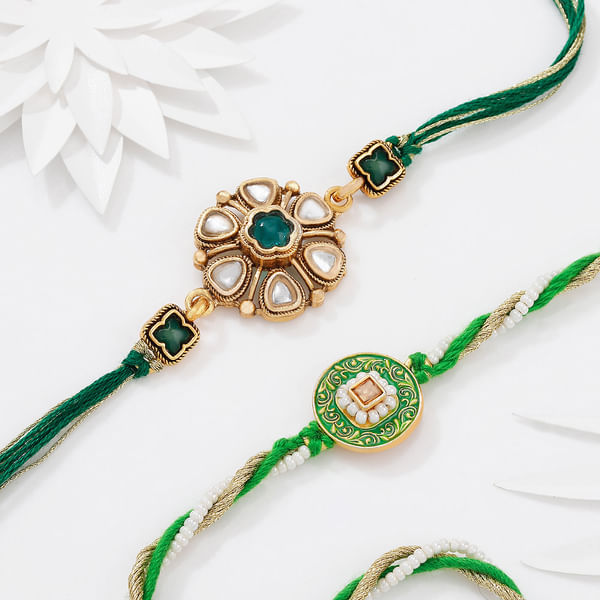Green Kundan And Meenakari Rakhis - Set Of 2