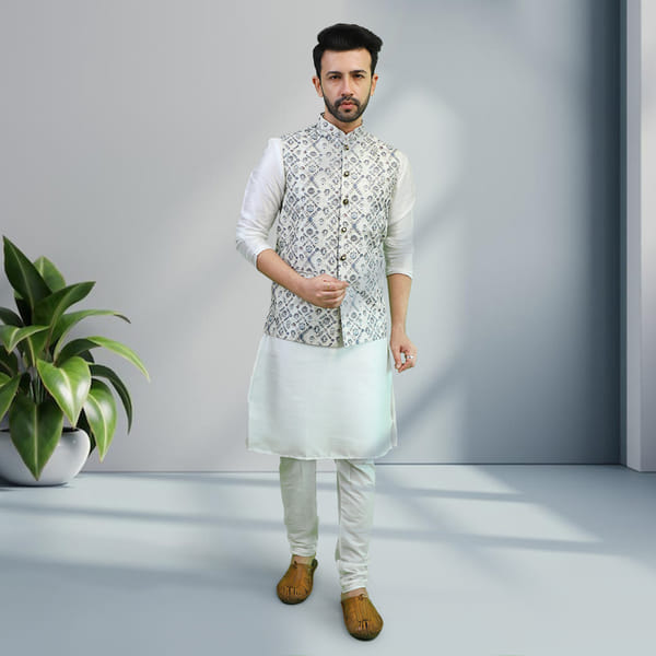Grey Floral Jacquard Bandi Jacket