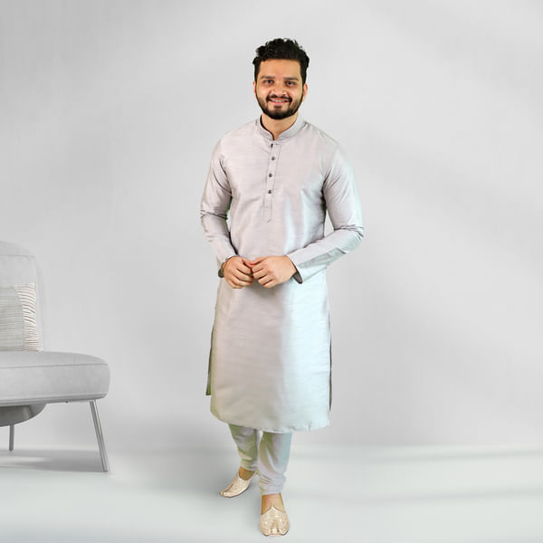 Grey Solid Art Silk Kurta Set for Men