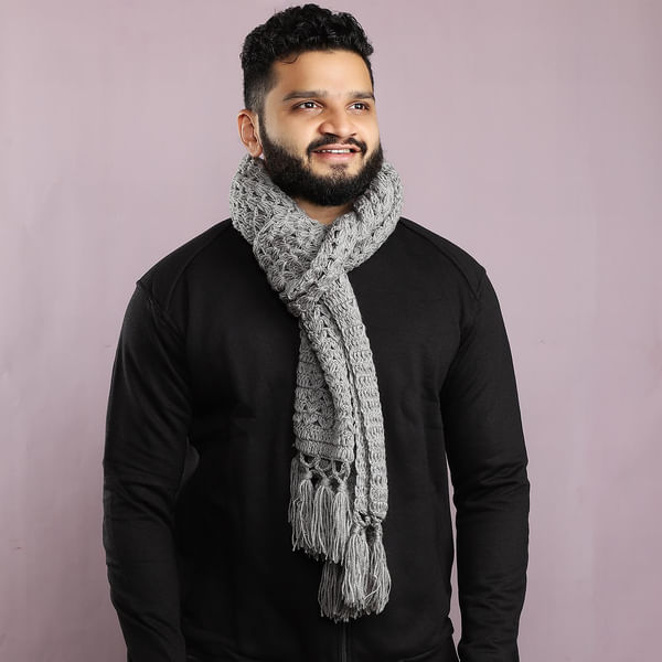 Hand Knitted Woolen Muffler - Grey