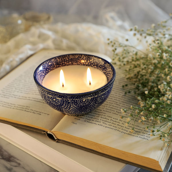 Hand Painted Ceramic Votive With Blueberry Vanilla Aroma Candle